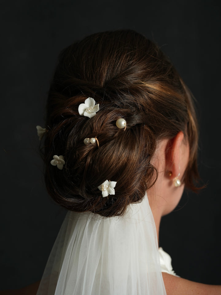 Bridal Ceramic Flower and Pearl Hairpins, Set of 7