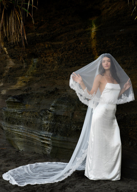 CHANTILLY FRENCH LACE VEIL, TWO TIER, CATHEDRAL LENGTH