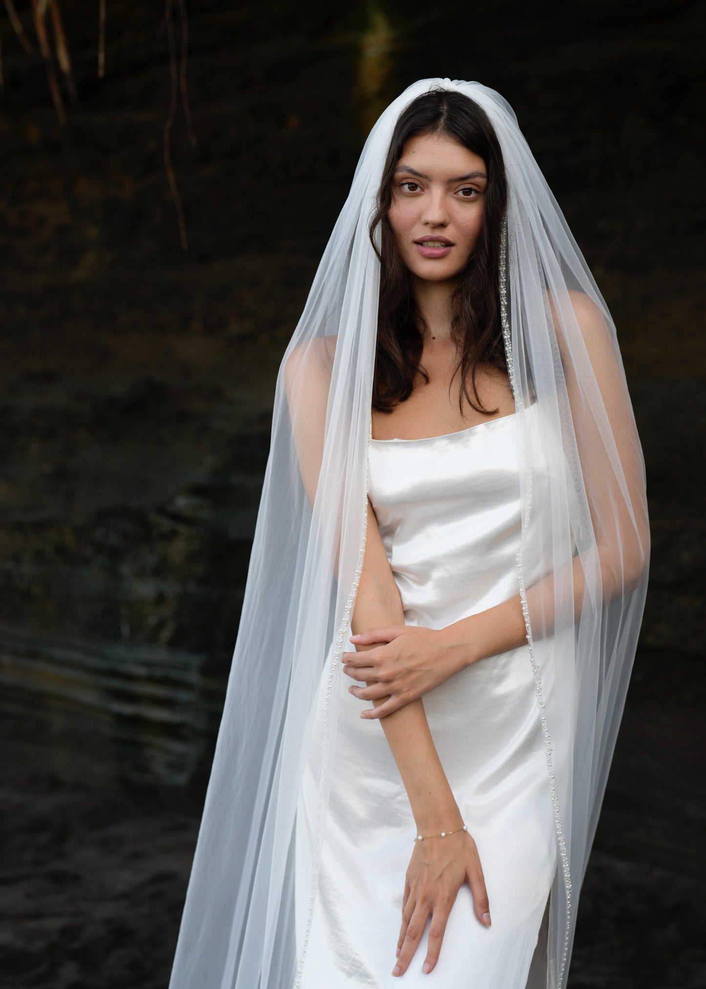FOR KIMBERLY PEARL BEADED EDGE VEIL, SINGLE TIER, CATHEDRAL LENGTH