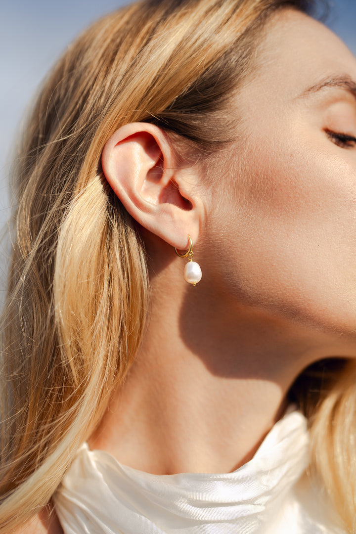 Pearl Hoop Drop Bridal Earrings, 18K Gold, Freshwater Pearl
