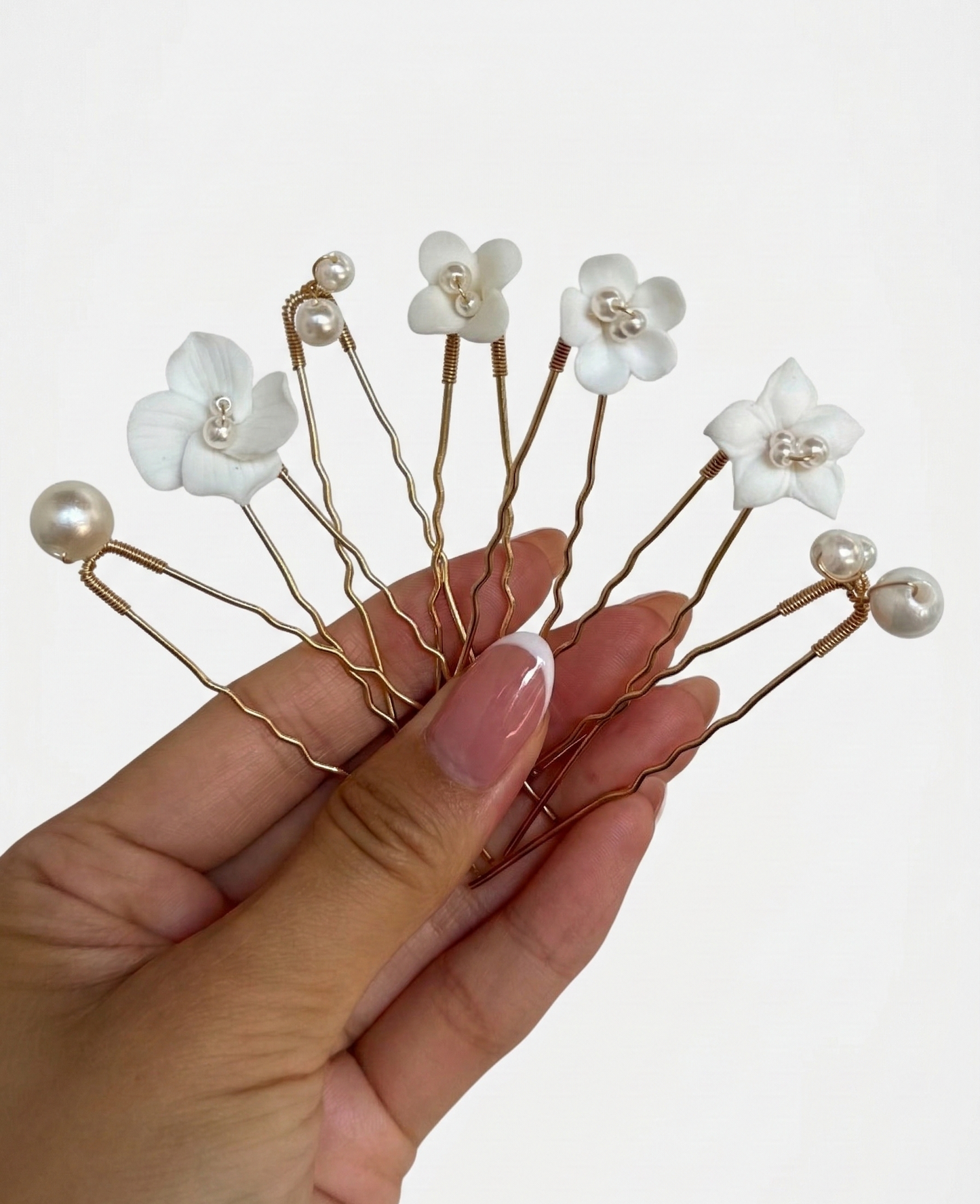 Bridal Ceramic Flower and Pearl Hairpins, Set of 7