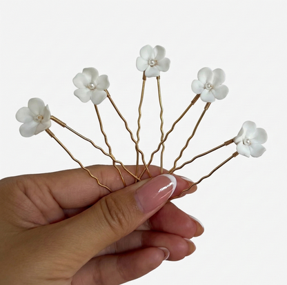 Dainty Bridal Ceramic Flower Hairpins, Set of 5