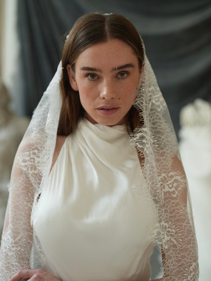 For Jessica Gomez- Mantilla Chantilly Lace Veil, Single Tier, Cathedral Length