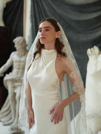 For Jessica Gomez- Mantilla Chantilly Lace Veil, Single Tier, Cathedral Length