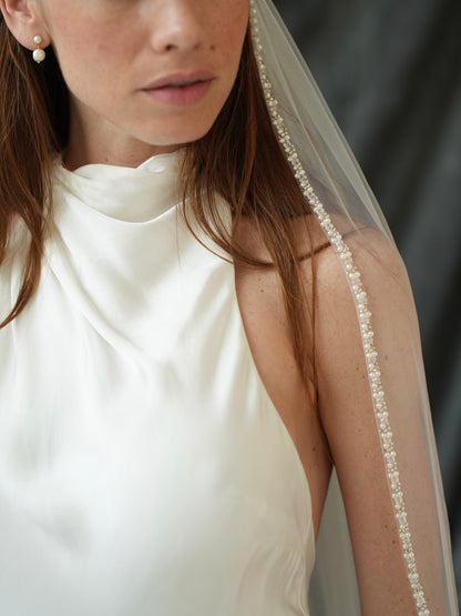 For Heather- Pearl Beaded Edge Veil, Single Tier, Cathedral Length