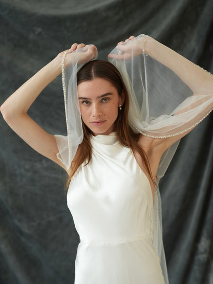 For Heather- Pearl Beaded Edge Veil, Single Tier, Cathedral Length