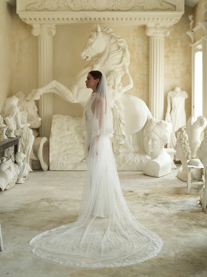For Maria- Chantilly Lace Veil, Two Tier, Cathedral Length
