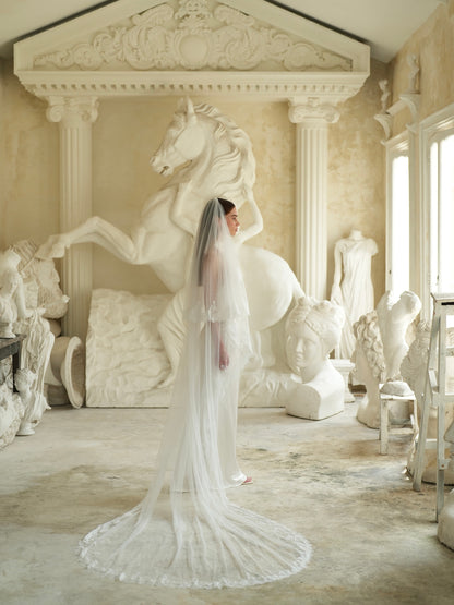 For Maria- Chantilly Lace Veil, Two Tier, Cathedral Length