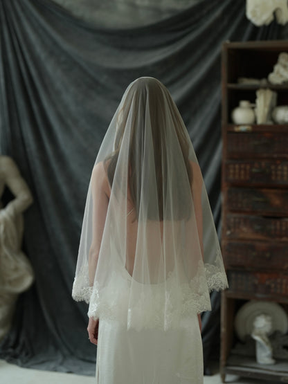 For Lauren Wesselmann- Chantilly Short Lace Veil, Two Tier, Fingertip Length