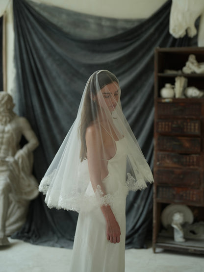 For Lauren Wesselmann- Chantilly Short Lace Veil, Two Tier, Fingertip Length
