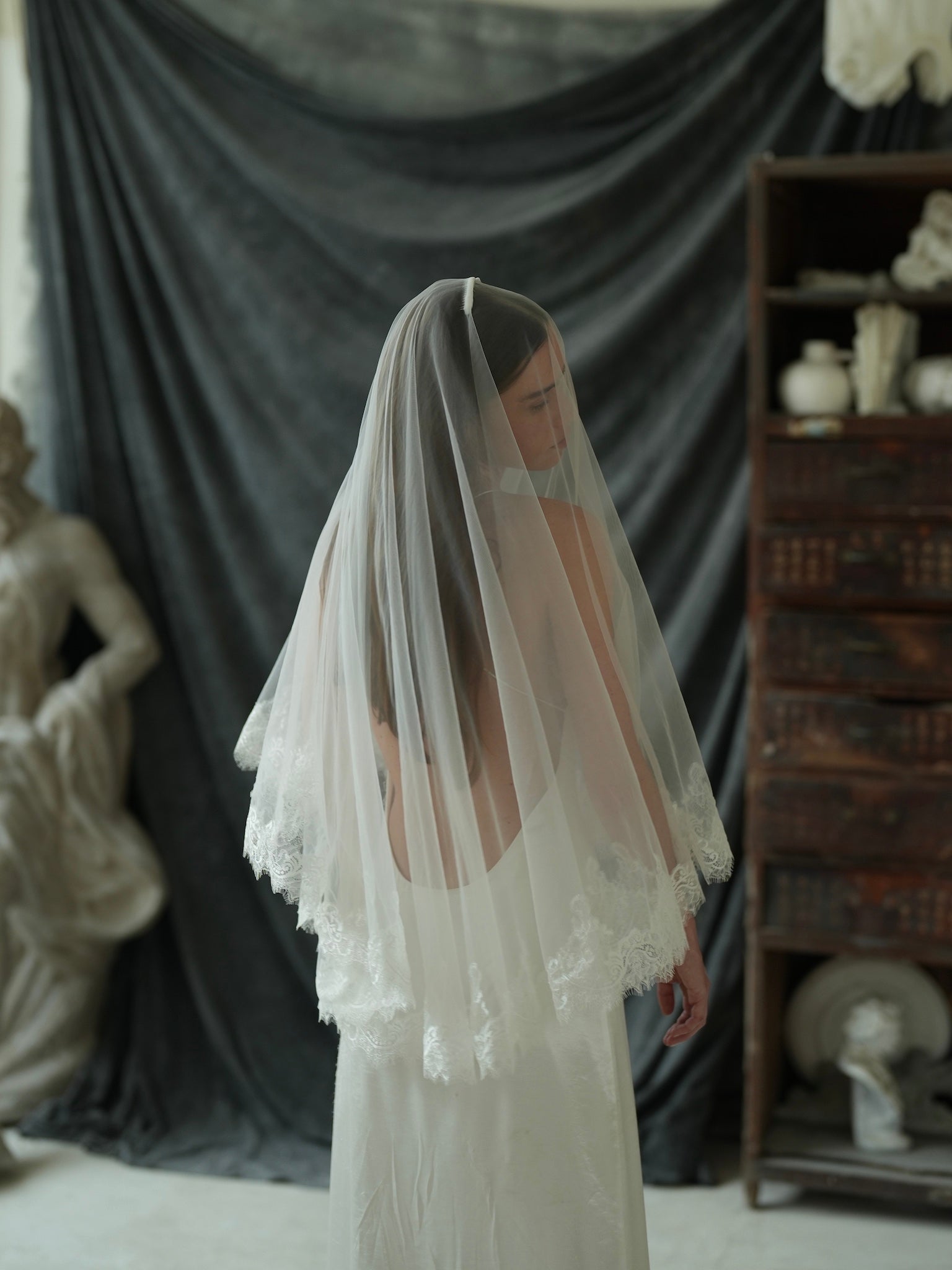 Chantilly Short Lace Veil, Two Tier, Fingertip Length Calily Bridal Chantilly Short Lace Veil, Two Tier, Fingertip Length Calily Bridal