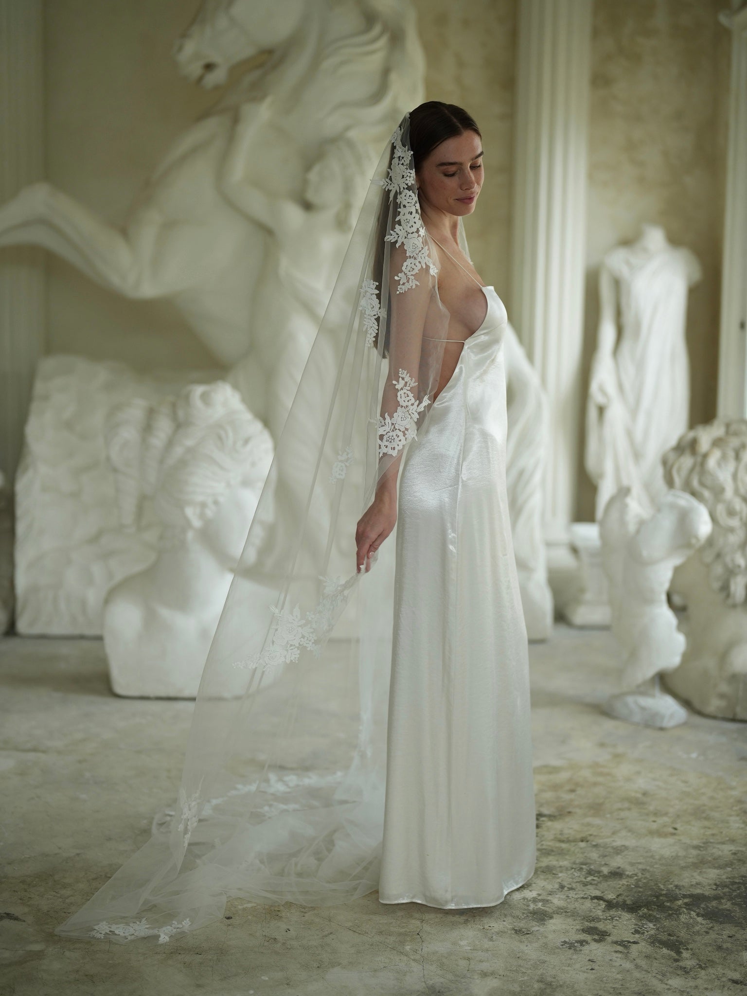lace wedding dress with lace veil Floral Lace Veil, Single Tier, Cathedral Length – Calily Bridal