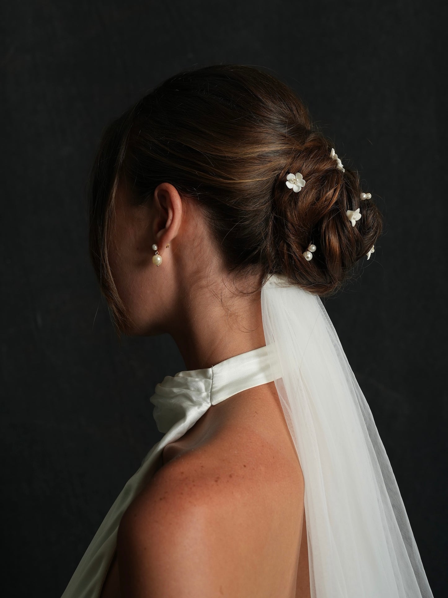 Bridal Ceramic Flower and Pearl Hairpins, Set of 7