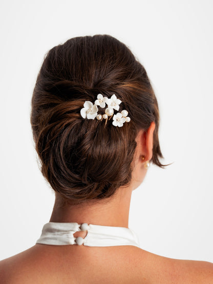 Bridal Ceramic Flower and Pearl Hairpins, Set of 7