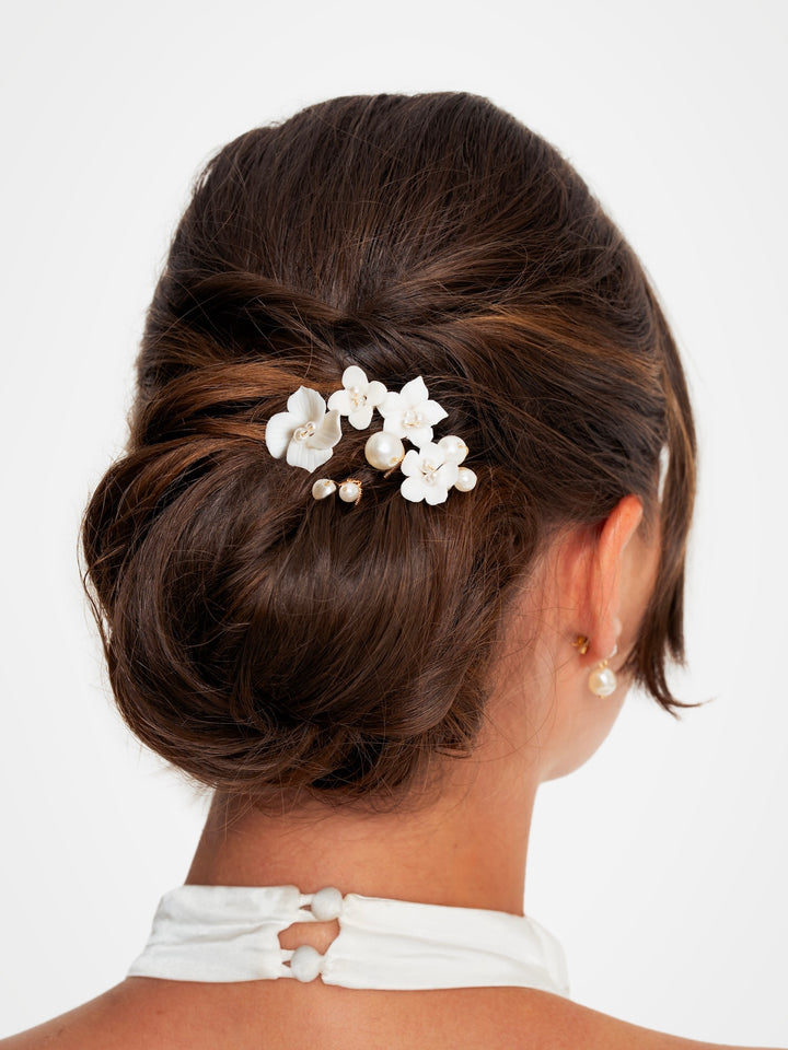 Bridal Ceramic Flower and Pearl Hairpins, Set of 7