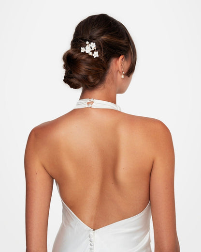 Bridal Ceramic Flower and Pearl Hairpins, Set of 7