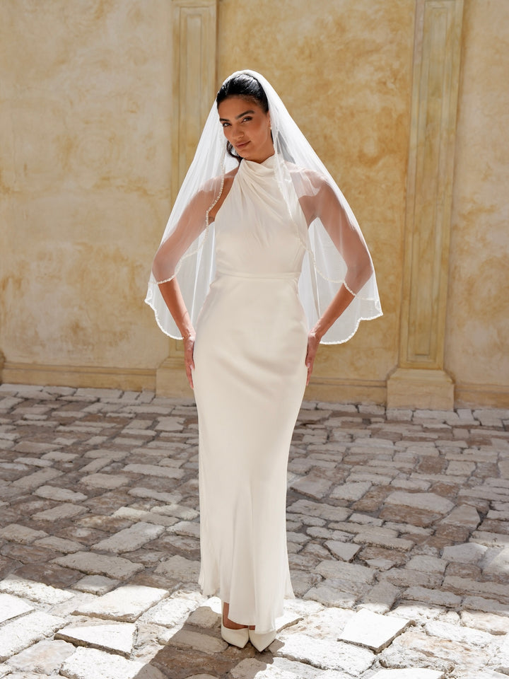 Scalloped Pearl Beaded Edge Veil, Single Tier, Fingertip Length