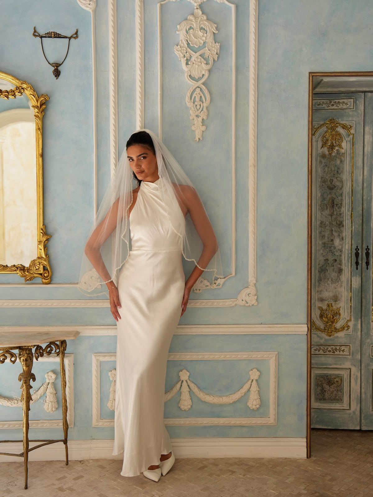 Scalloped Pearl Beaded Edge Veil, Single Tier, Fingertip Length