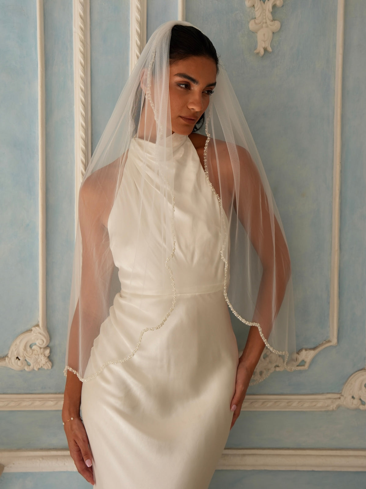 Scalloped Pearl Beaded Edge Veil, Single Tier, Fingertip Length