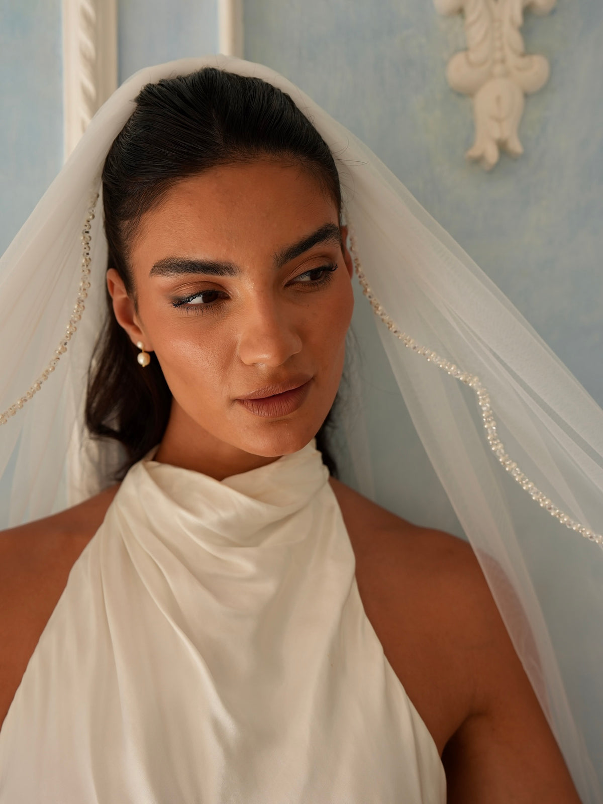 Scalloped Pearl Beaded Edge Veil, Single Tier, Fingertip Length