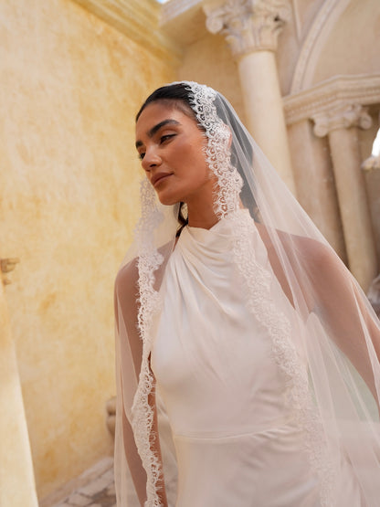 For Sandra Zhong- Alencon Lace Mantilla Veil, Single Tier, Cathedral Length