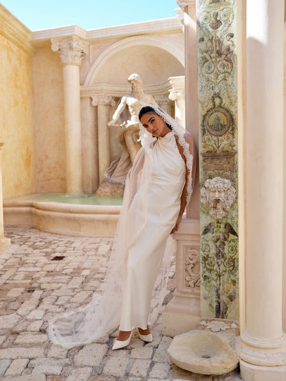 For Sandra Zhong- Alencon Lace Mantilla Veil, Single Tier, Cathedral Length