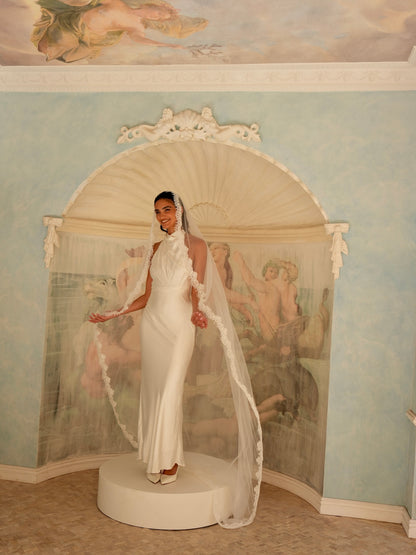 For Sandra Zhong- Alencon Lace Mantilla Veil, Single Tier, Cathedral Length