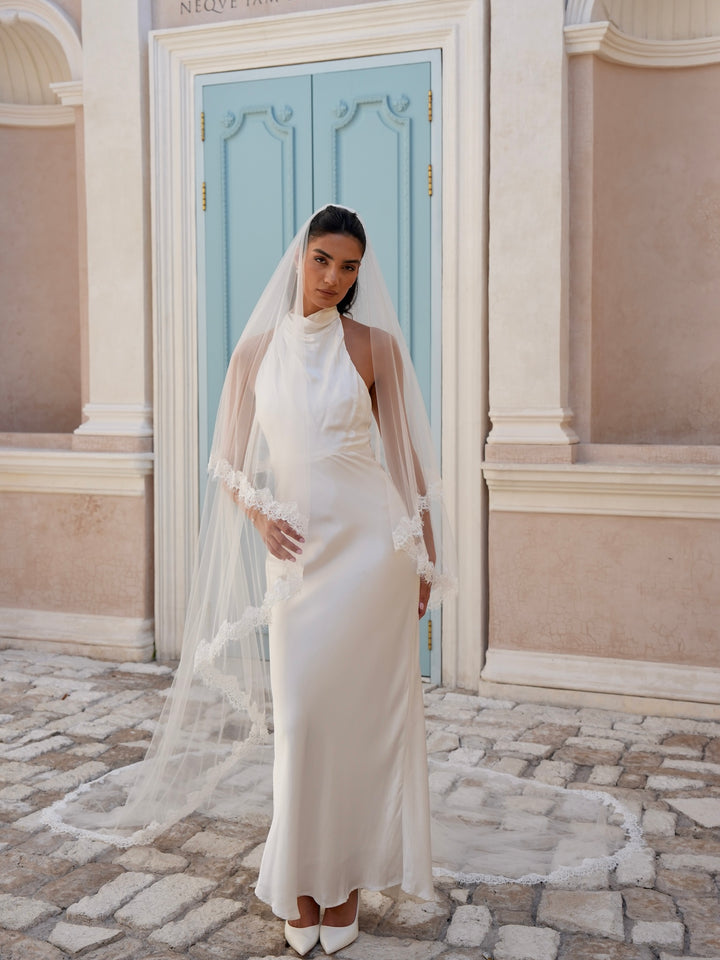 Alencon Lace Cascading Veil, Two Tier, Cathedral Length