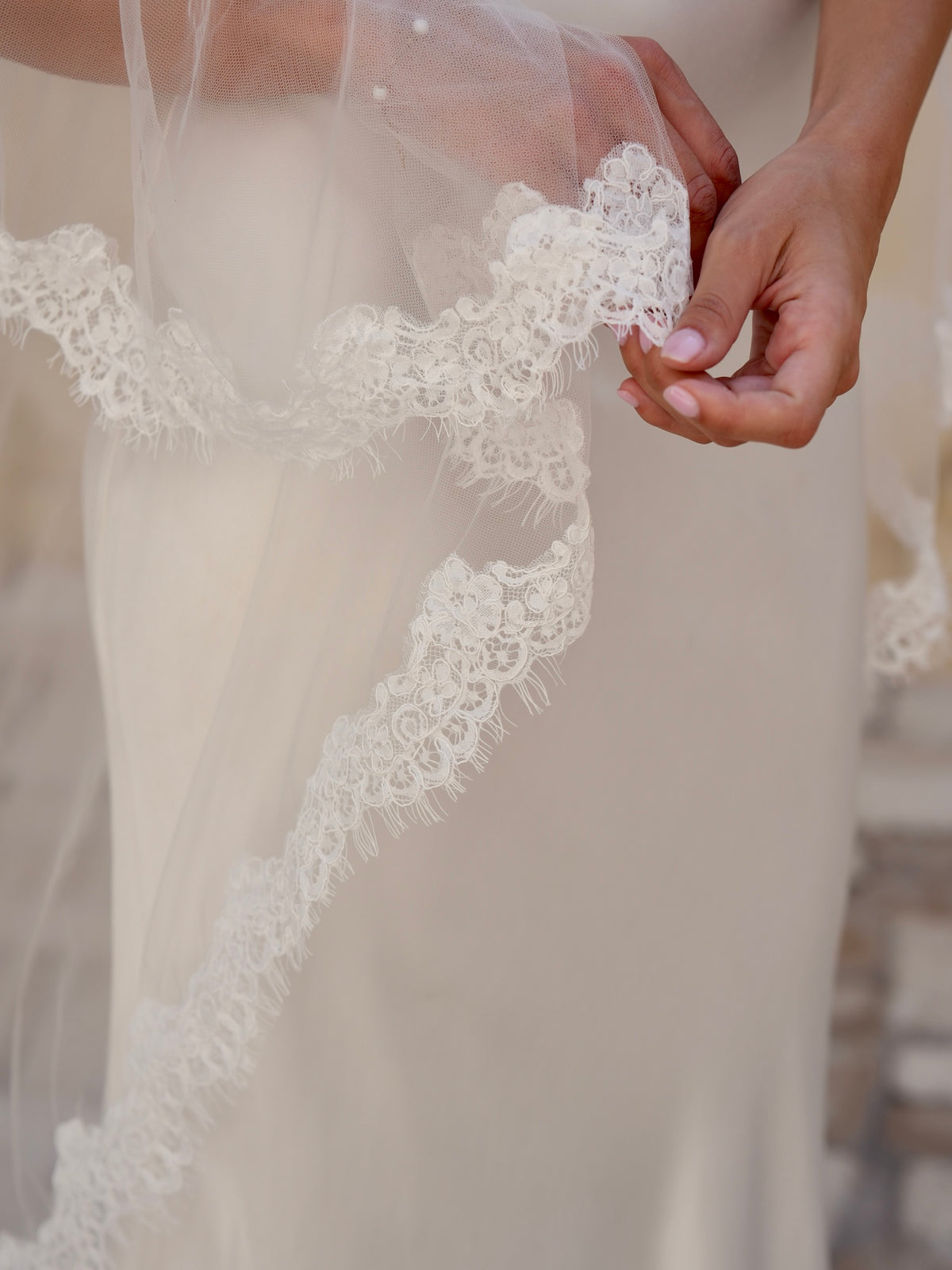 Alencon Lace Cascading Veil, Two Tier, Cathedral Length