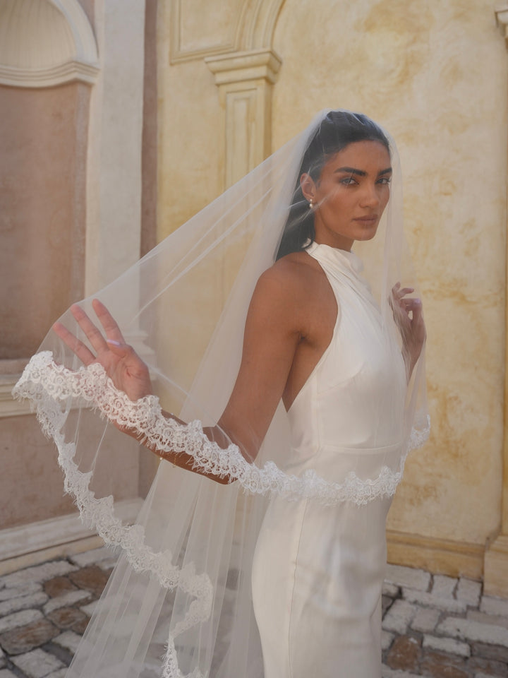 Alencon Lace Cascading Veil, Two Tier, Cathedral Length