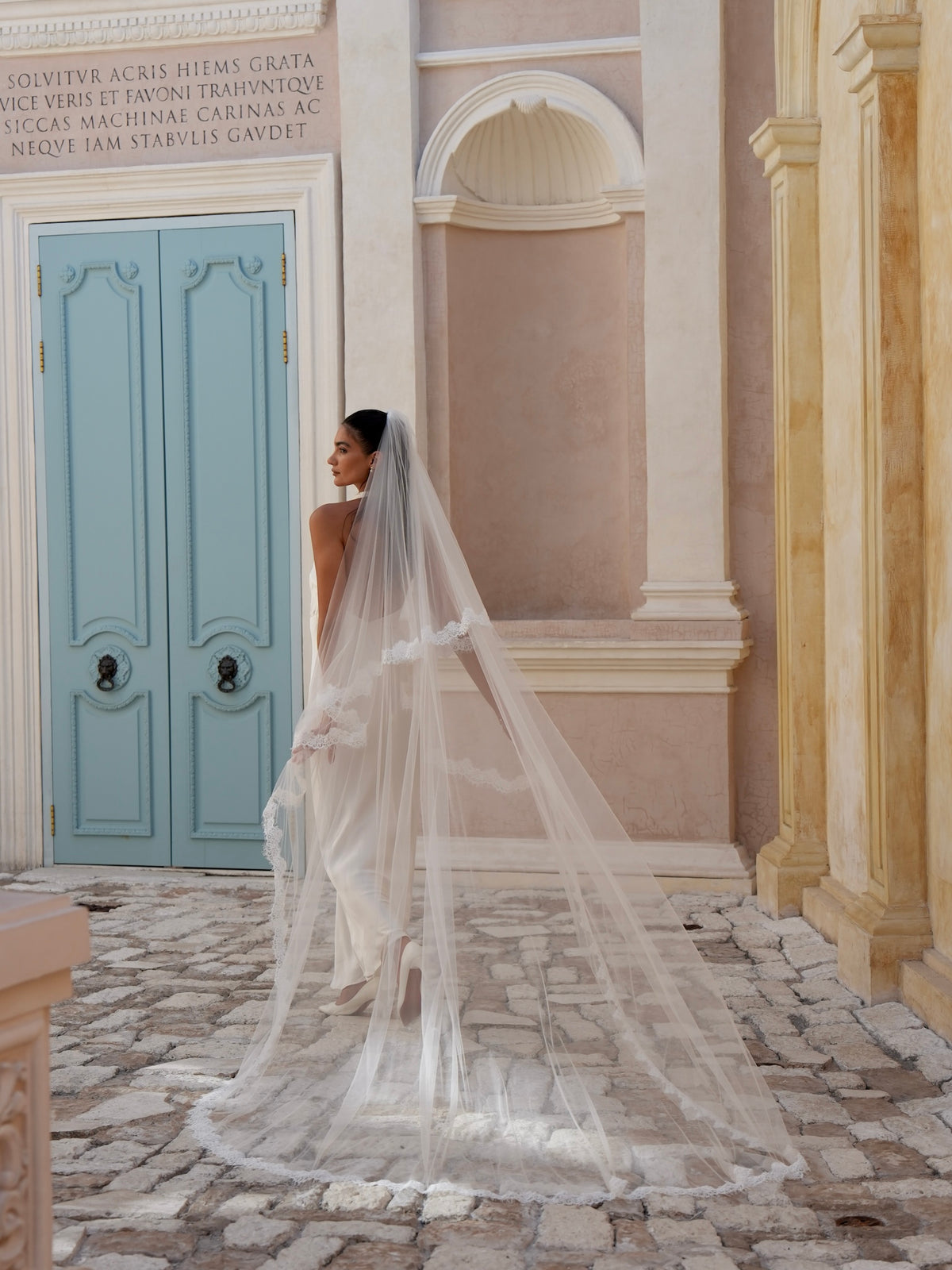Alencon Lace Cascading Veil, Two Tier, Cathedral Length