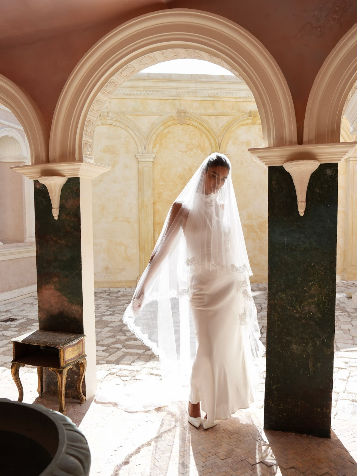 Alencon Lace Cascading Veil, Two Tier, Cathedral Length