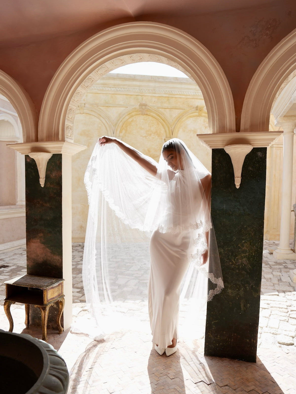 Alencon Lace Cascading Veil, Two Tier, Cathedral Length