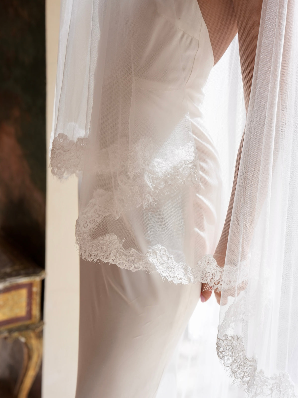 Alencon Lace Cascading Veil, Two Tier, Cathedral Length