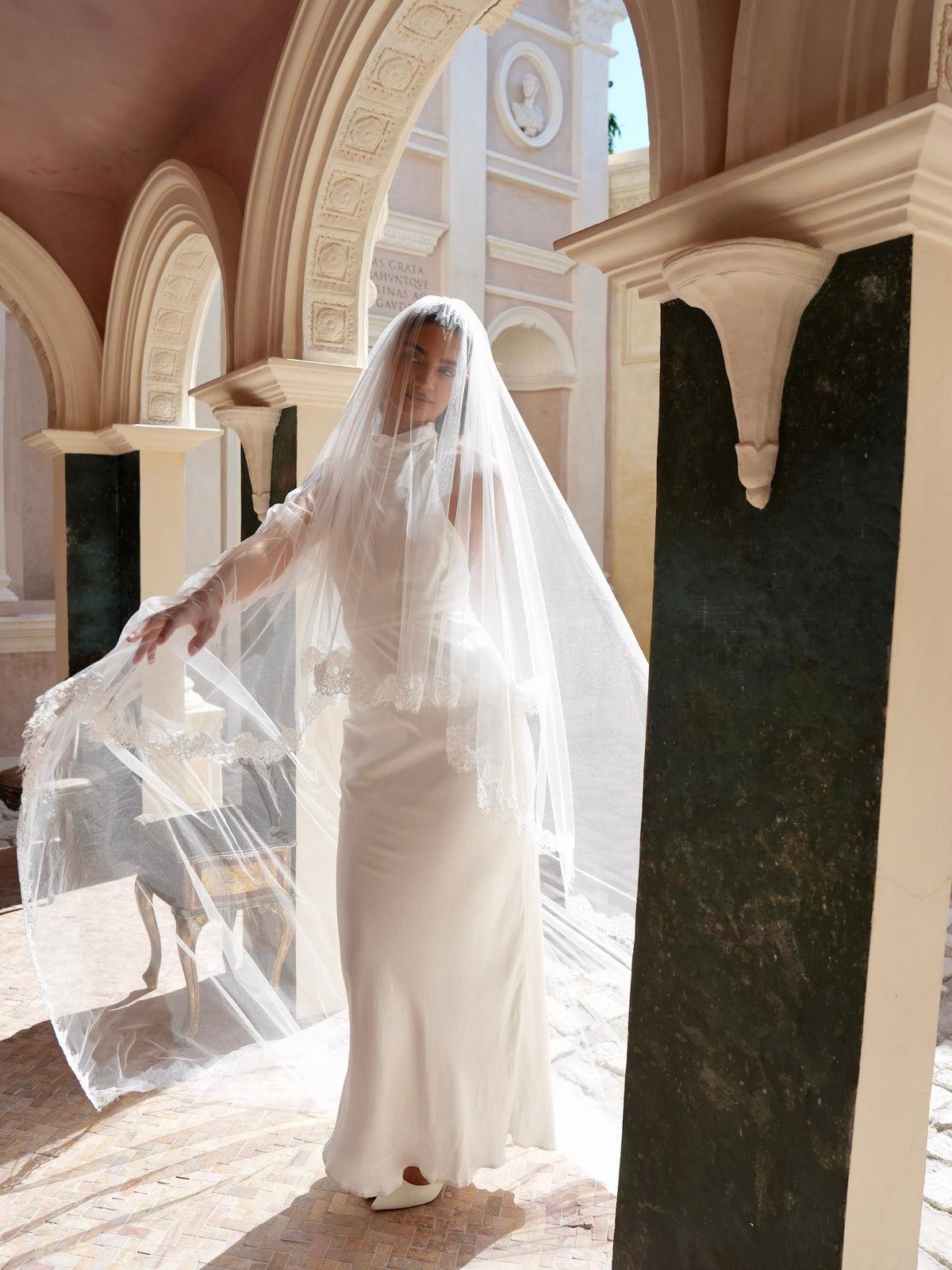 Alencon Lace Cascading Veil, Two Tier, Cathedral Length
