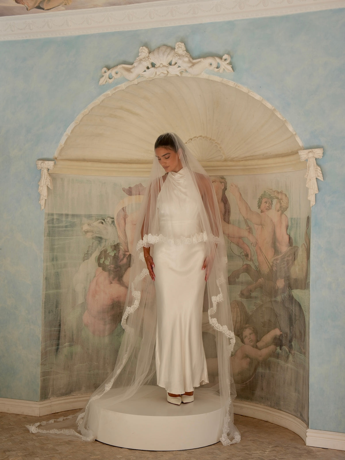 Alencon Lace Cascading Veil, Two Tier, Cathedral Length