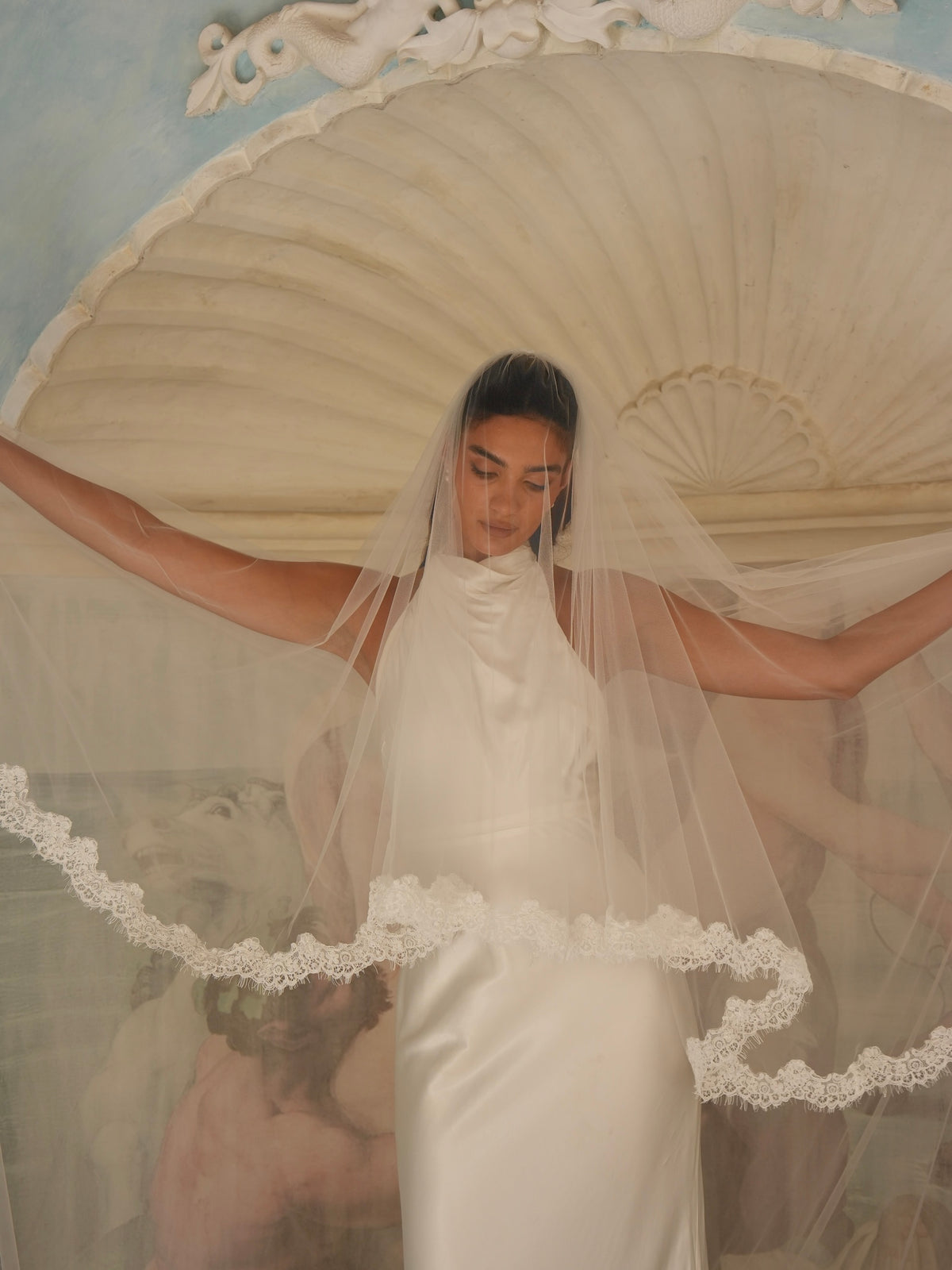 Alencon Lace Cascading Veil, Two Tier, Cathedral Length