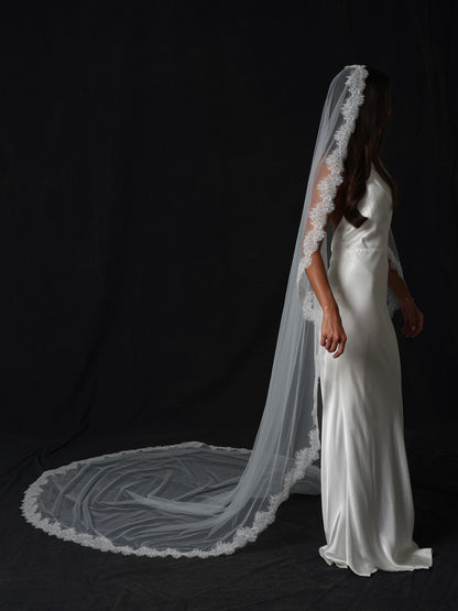For Angie- Delicate Chantilly Mantilla Lace Veil, Single Tier, Cathedral Length