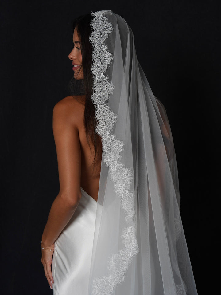 Delicate Chantilly Mantilla Lace Veil, Single Tier, Cathedral Length