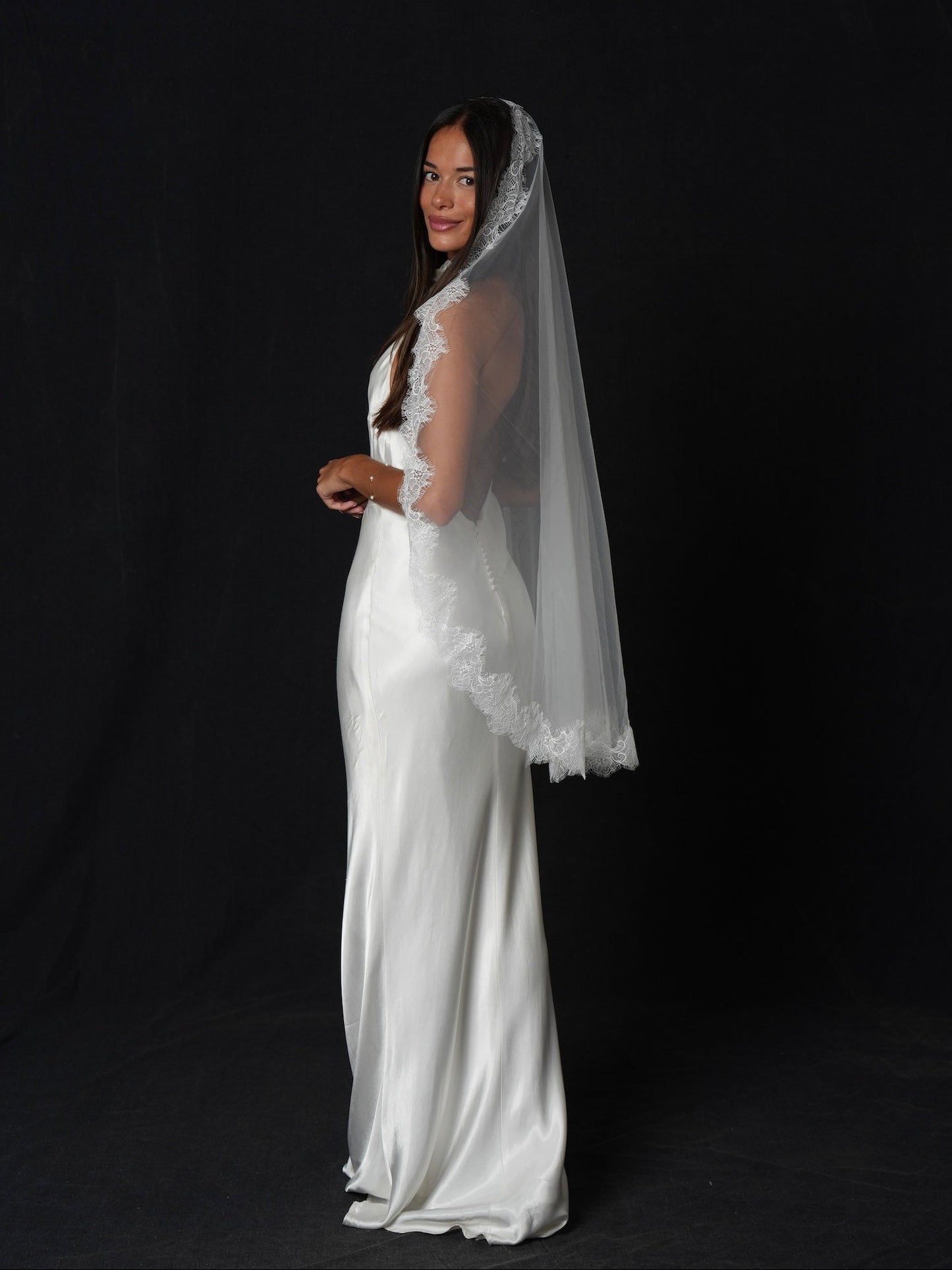 Mantilla Chantilly Short Lace Veil, Single Tier, Fingertip Length  Calily  Bridal
