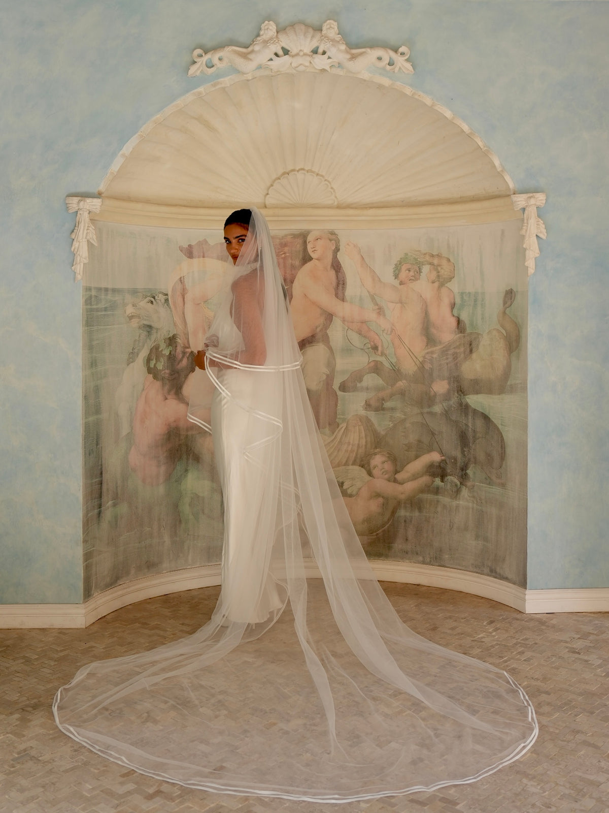 Double Satin Edge Cascading Veil, Two Tier, Cathedral Length
