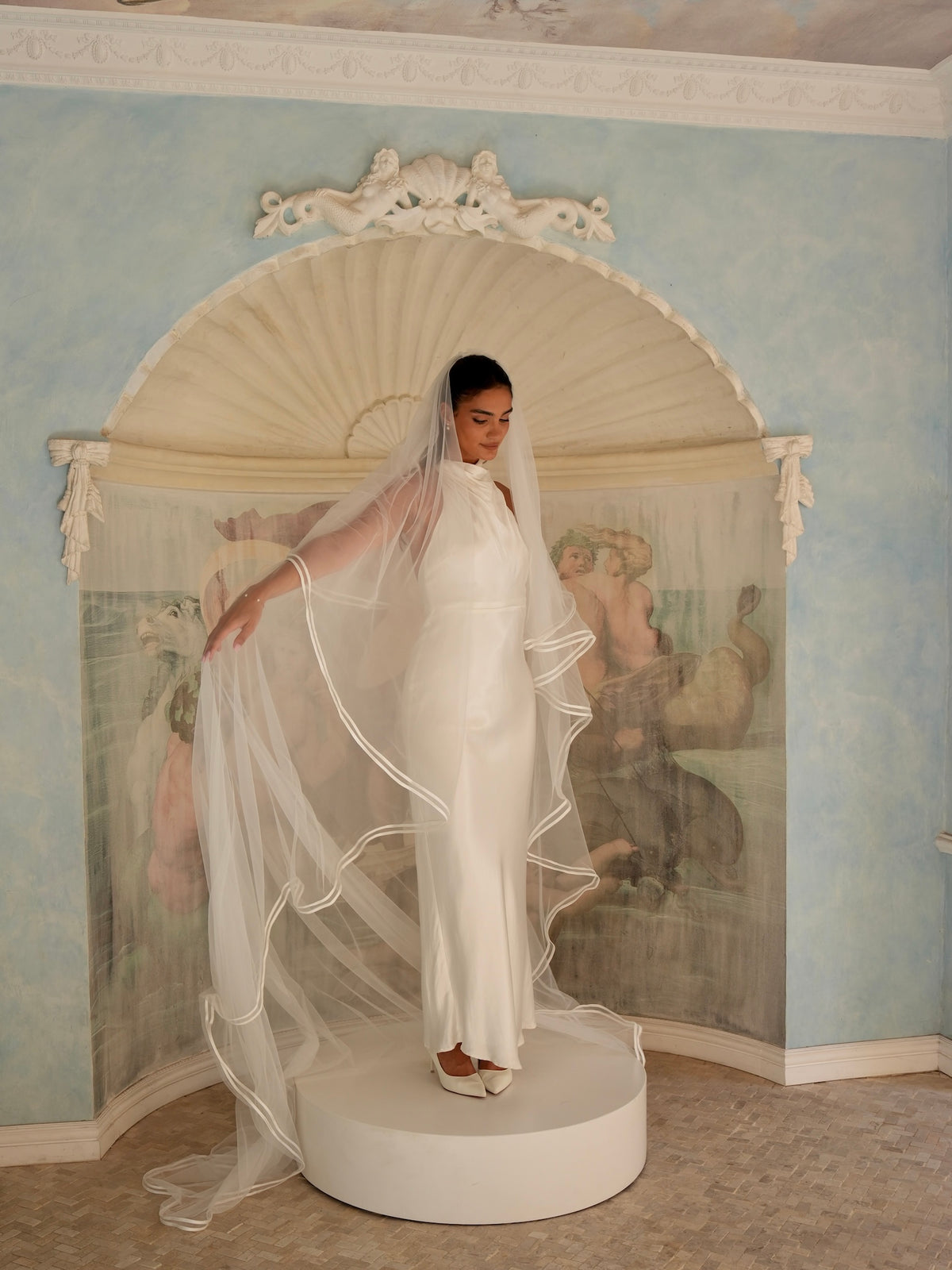 Double Satin Edge Cascading Veil, Two Tier, Cathedral Length