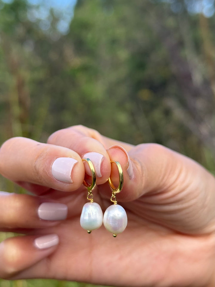 Pearl Hoop Drop Bridal Earrings, 18K Gold, Freshwater Pearl