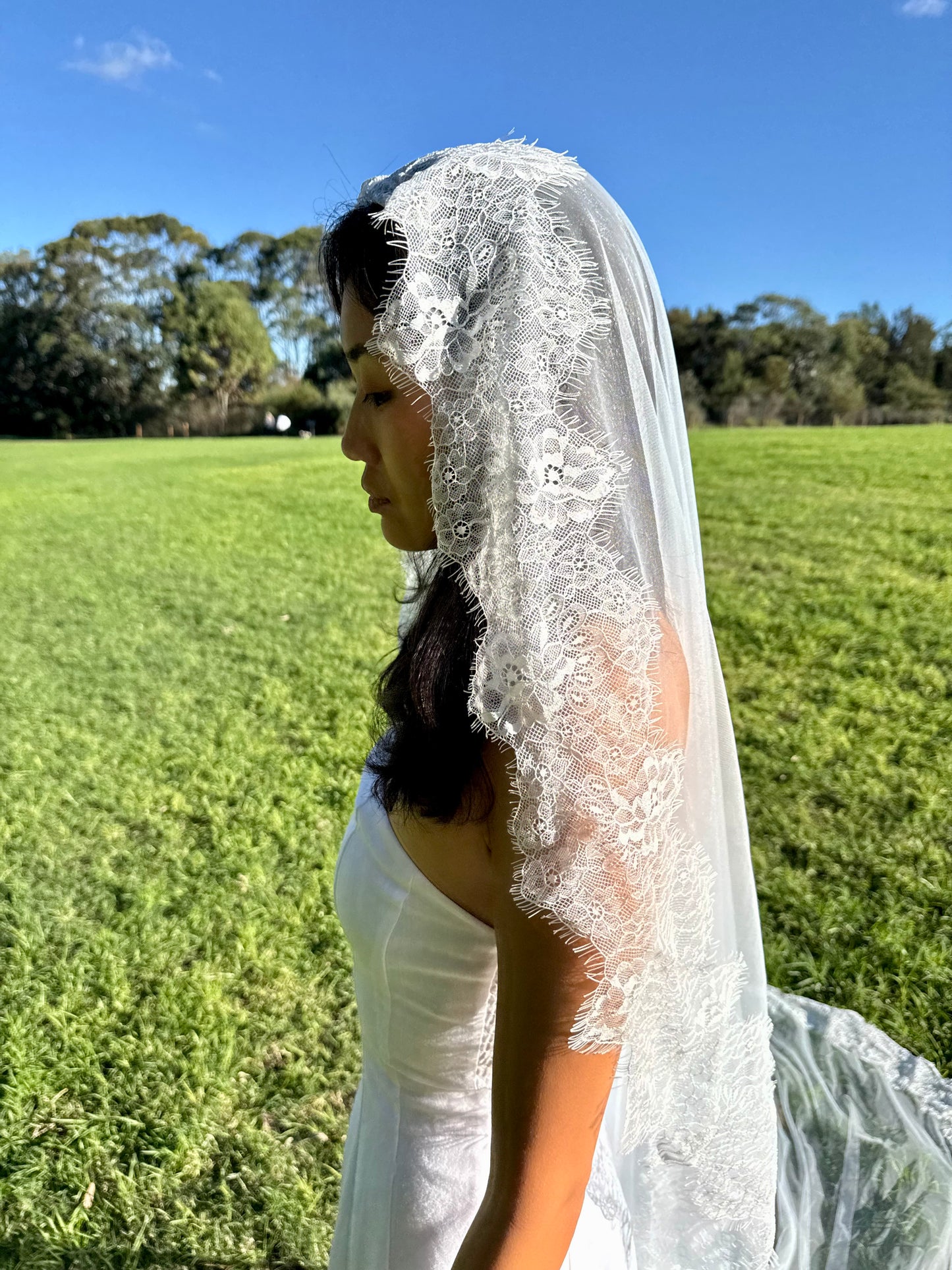 MANTILLA FRENCH CHANTILLY LACE VEIL, SINGLE TIER, CATHEDRAL LENGTH