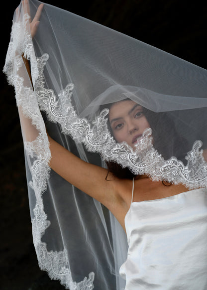 FOR AMY CHANTILLY FRENCH LACE VEIL, TWO TIER, CATHEDRAL LENGTH