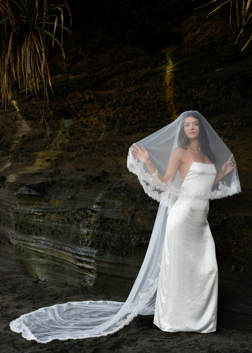 CHANTILLY FRENCH LACE VEIL, TWO TIER, CATHEDRAL LENGTH