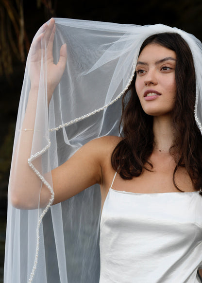 FOR KIMBERLY PEARL BEADED EDGE VEIL, SINGLE TIER, CATHEDRAL LENGTH