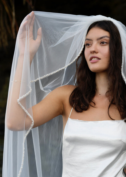 PEARL BEADED EDGE VEIL, SINGLE TIER, CATHEDRAL LENGTH