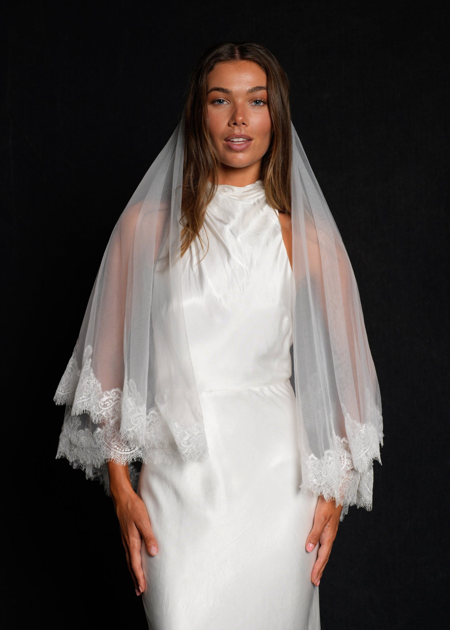 CHANTILLY SHORT LACE VEIL, TWO TIER, FINGERTIP LENGTH
