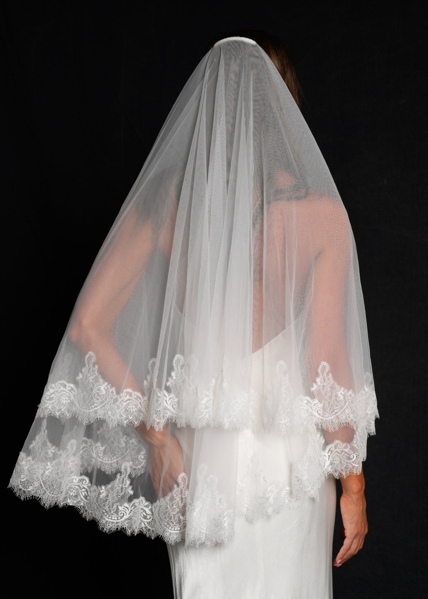 CHANTILLY SHORT LACE VEIL, TWO TIER, FINGERTIP LENGTH